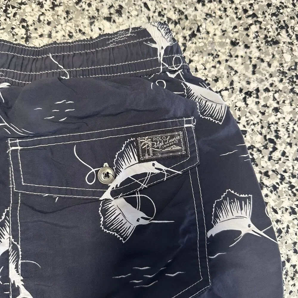 Polo Ralph Lauren Swim Trunks Mens XL Navy Blue Board Shorts Marlin AOP Graphic